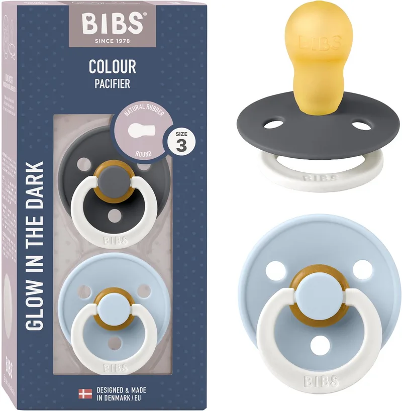 Colour Glow Fopspeen - 18-48 mnd - 2-pack - Rond - Iron/Baby Blue by BIBS in Iron Glow, Baby Blue Glow – product photo