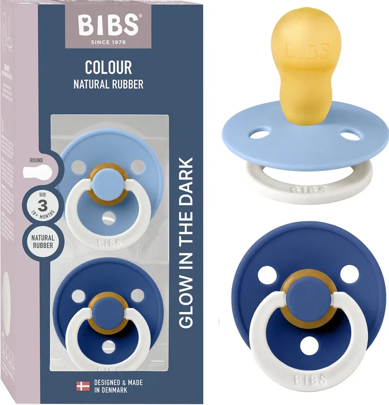 Colour Glow Fopspeen - 18-48 mnd - 2-pack - Rond - Sky Blue/Cornflower by BIBS in Sky Blue Glow, Cornflower Glow – product photo