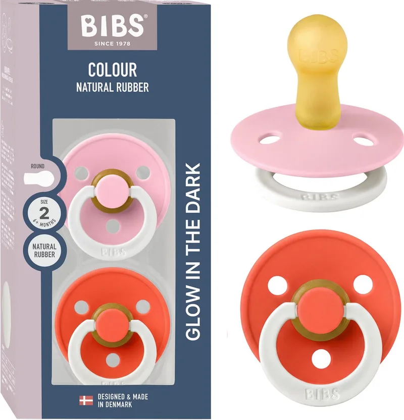 Colour Glow Fopspeen - 6-18 mnd - 2-pack - Rond - Baby Pink/Tango by BIBS in Baby Pink Glow, Tango Glow – product photo
