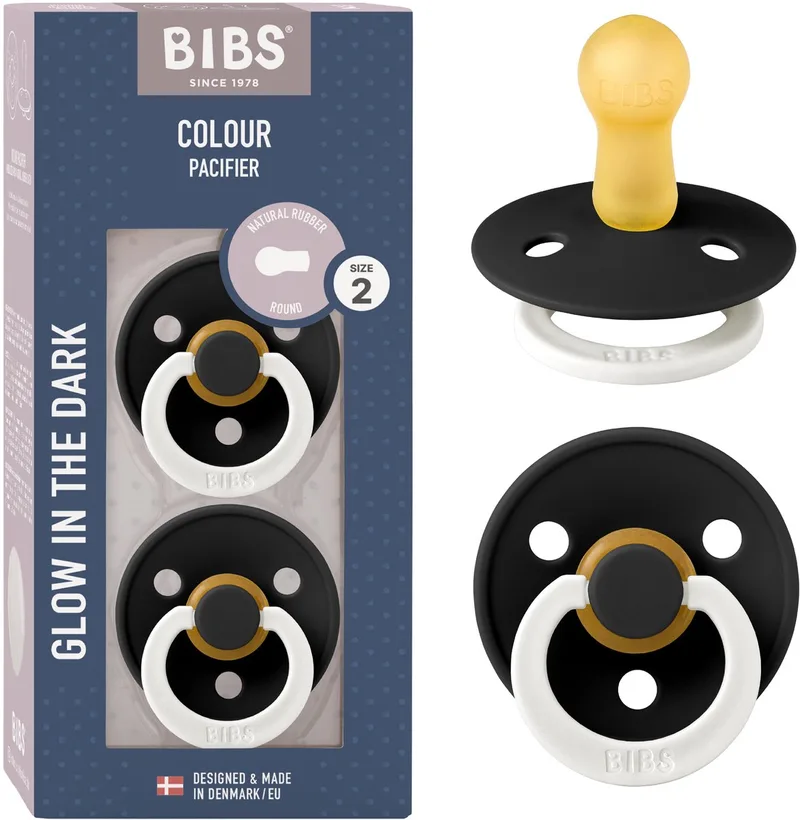 Colour Glow fopspeen 6-18 mnd, 2 stuks, rond, zwart van BIBS in Black Glow – productfoto