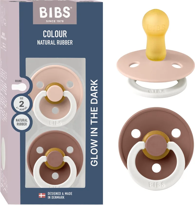Colour Glow Fopspeen - 6-18 mnd - 2-pack - Rond - Blush/Woodchuck von BIBS in Blush Glow, Woodchuck Glow – Produktfoto
