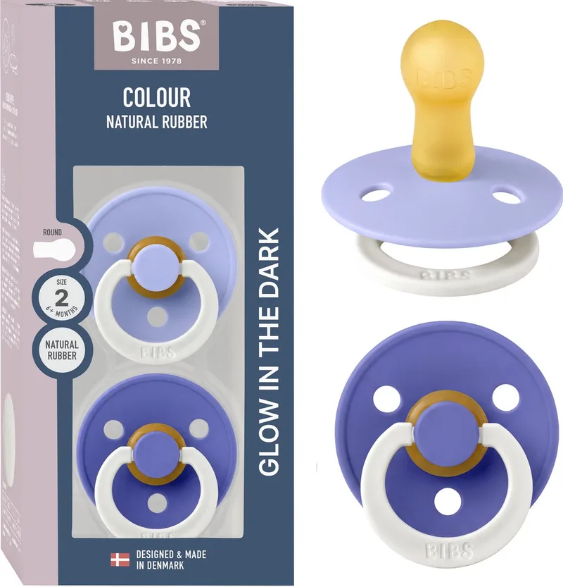 Colour Glow fopspeen, 6-18 mnd, 2-pack, rond, Hush/Grape van BIBS in Hush Glow, Grape Glow – productfoto