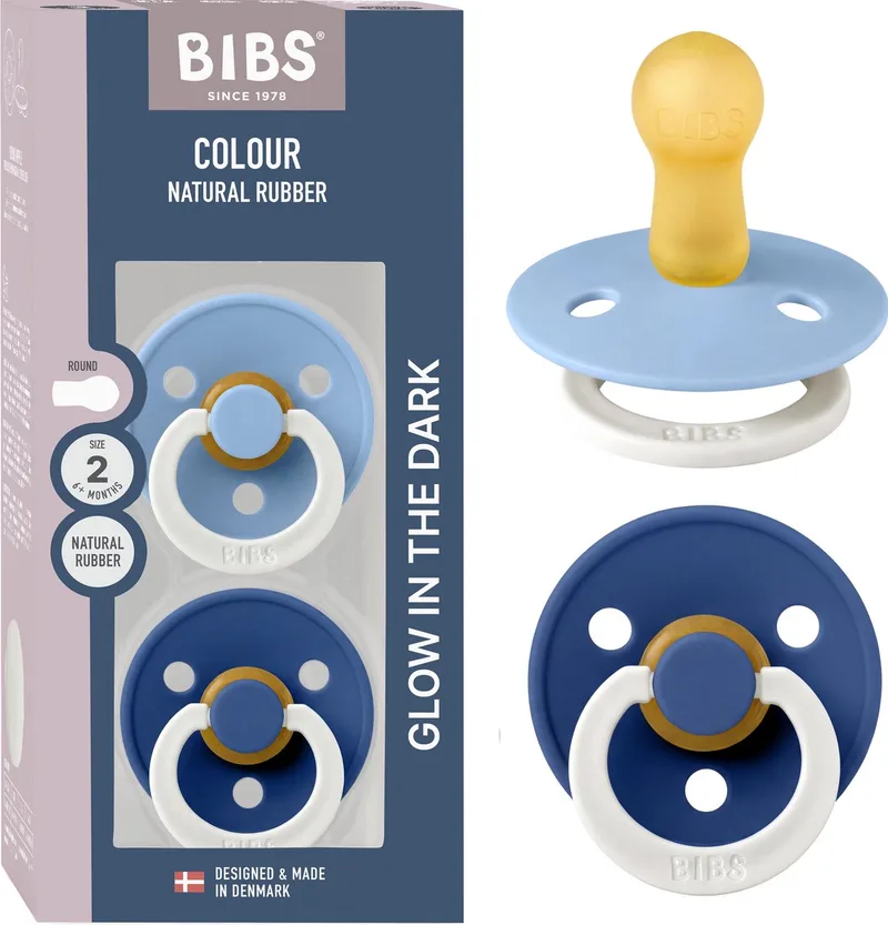 Colour Glow fopspeen, 6-18 mnd, 2-pack, rond, Sky Blue/Cornflower van BIBS in Sky Blue Glow, Cornflower Glow – productfoto