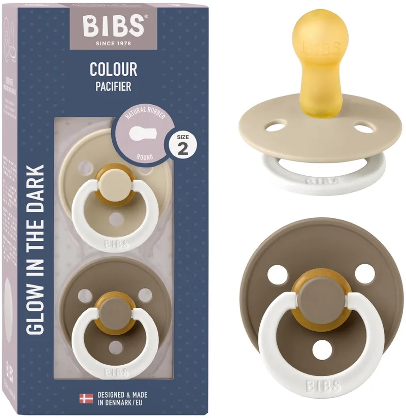 Colour Glow fopspeen, 6-18 mnd, 2-pack, rond, Vanilla/Dark Oak van BIBS in Vanilla Glow, Dark Oak Glow – productfoto