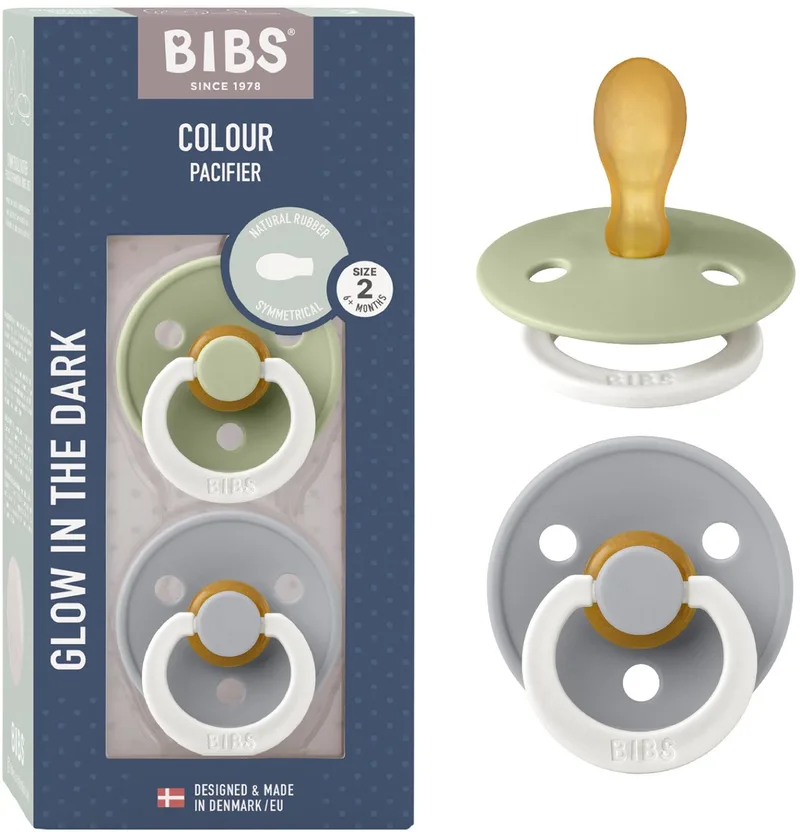 Colour Glow fopspeen, 6-18 mnd, 2-pack, symmetrisch, Sage/Cloud van BIBS in Sage Glow, Cloud Glow – productfoto