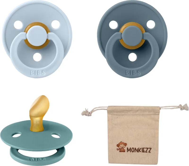 Dental fopspenen Anatomical 0-6 maanden- Set 3 stuks- Baby Blue, Petrol, Island Sea + Monkiezz speenzakje - orthodontisch- Anatomisch- Maat 1 de BIBS en Baby Blue, Petrol, Island Sea – photo produit