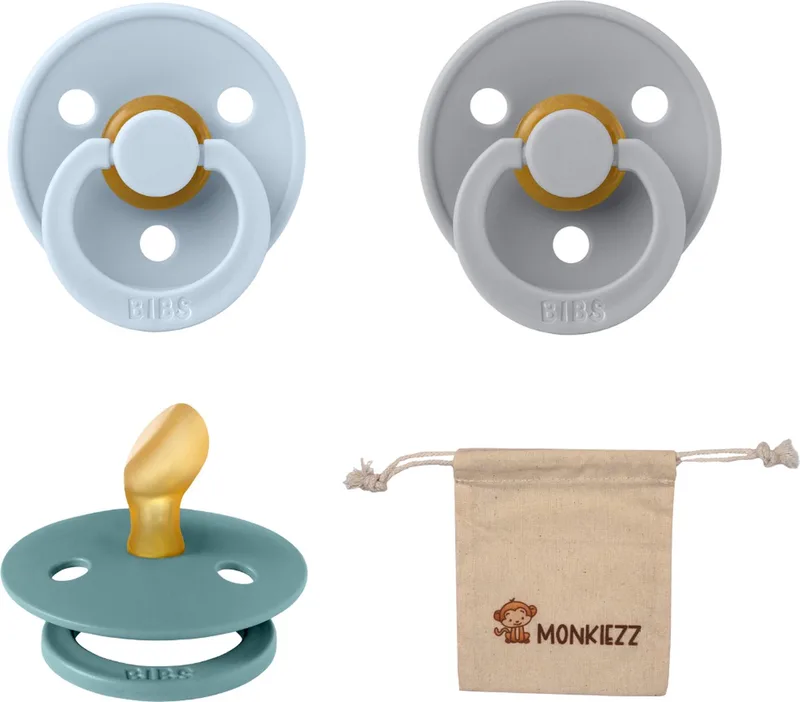 Dental fopspenen Anatomical 0-6 maanden- Set 3 stuks- Baby Blue, Island Sea, Cloud + Monkiezz speenzakje - orthodontisch- Anatomisch- Maat 1 de BIBS en Baby Blue, Island Sea, Cloud – photo produit