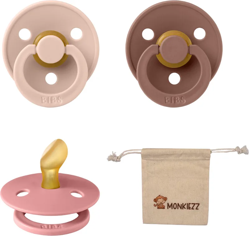 Dental fopspenen Anatomical 0-6 maanden- Set 3 stuks- Blush, Dusty Pink, Woodchuck + Monkiezz speenzakje - orthodontisch- Anatomisch- Maat 1 de BIBS en Blush, Dusty Pink, Woodchuck – photo produit