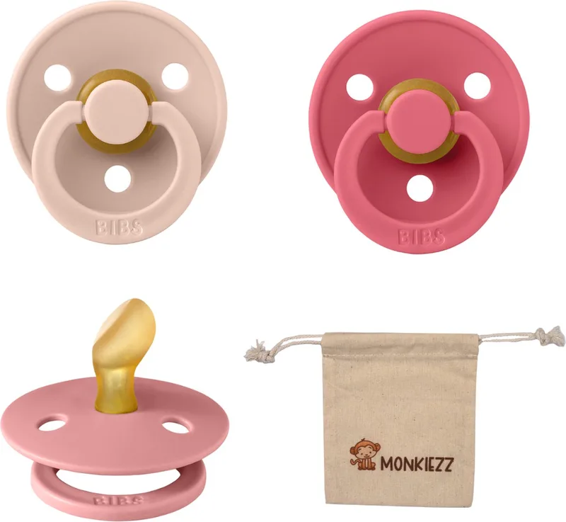 Dental fopspenen Anatomical 0-6 maanden- Set 3 stuks- Coral, Blush, Dusty Pink + Monkiezz speenzakje - orthodontisch- Anatomisch- Maat 1 de BIBS en Coral, Blush, Dusty Pink – photo produit
