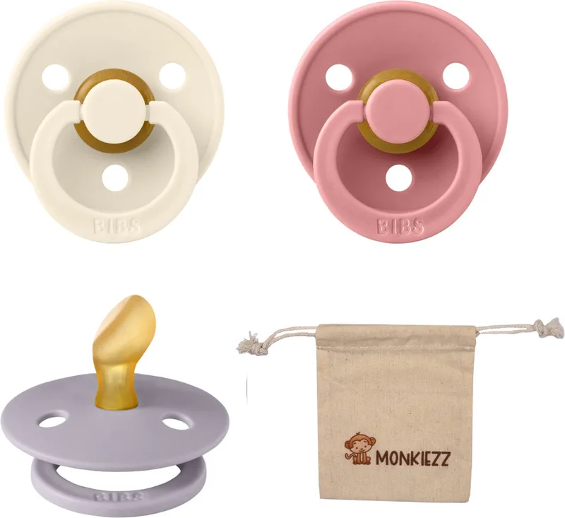 Dental fopspenen Anatomical 0-6 maanden- Set 3 stuks- Ivory, Dusty Pink, Fossil Grey + Monkiezz speenzakje - orthodontisch- Anatomisch- Maat 1 van BIBS in Ivoor, Dusty Pink, Fossil Grey – productfoto