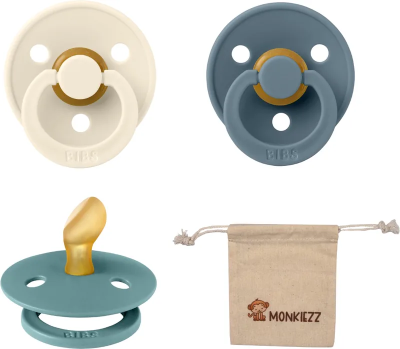 Dental fopspenen Anatomical 0-6 maanden- Set 3 stuks- Ivory, Petrol, Island Sea + Monkiezz speenzakje - orthodontisch- Anatomisch- Maat 1 de BIBS en Ivoire, Petrol, Island Sea – photo produit