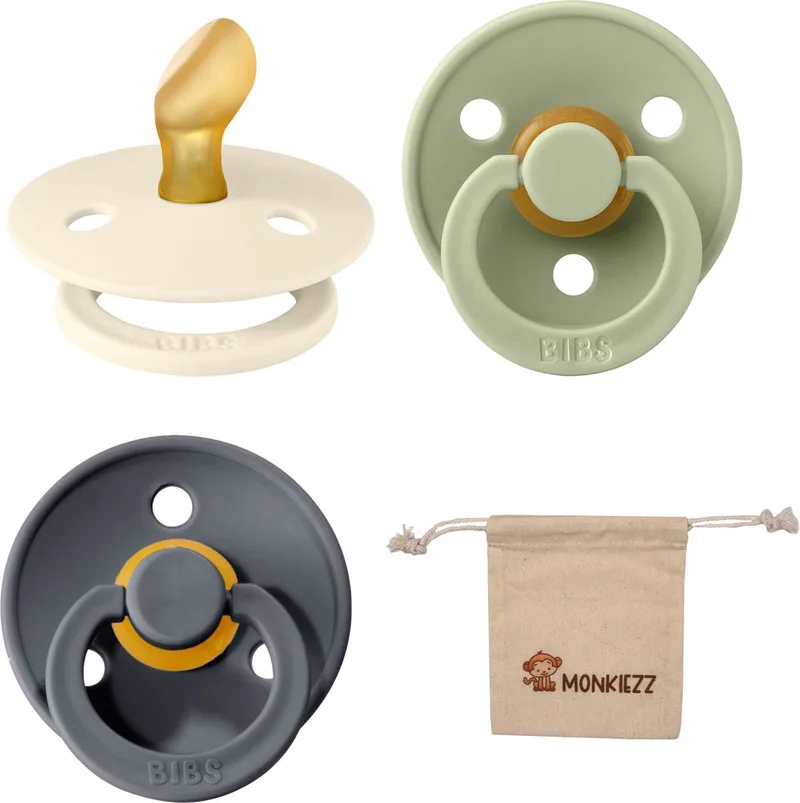 Dental fopspenen Anatomical 0-6 maanden- Set 3 stuks- Sage, Iron en Ivory - + Monkiezz speenzakje - orthodontisch- Anatomisch- Maat 1 de BIBS en Sage, Iron en Ivory – photo produit