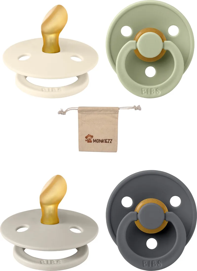 Dental fopspenen Anatomical 0-6 maanden- Set 4stuks- Sage, Ivory , Sand , Iron - + Monkiezz speenzakje - orthodontisch- Anatomisch- Maat 1 de BIBS en Sage, Ivoire, Sand, Iron – photo produit