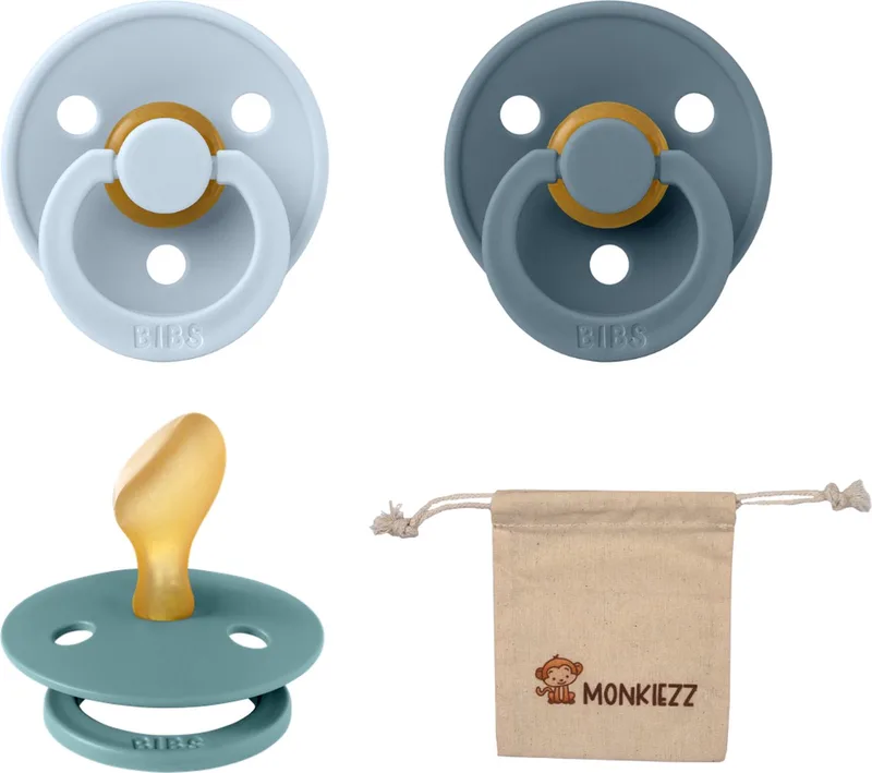 Dental fopspenen Anatomical 6-18 maanden- Set 3 stuks- Baby Blue, Petrol, Island Sea+ Monkiezz speenzakje - orthodontisch- Anatomisch- Maat 2 de BIBS en Baby Blue, Petrol, Island Sea – photo produit