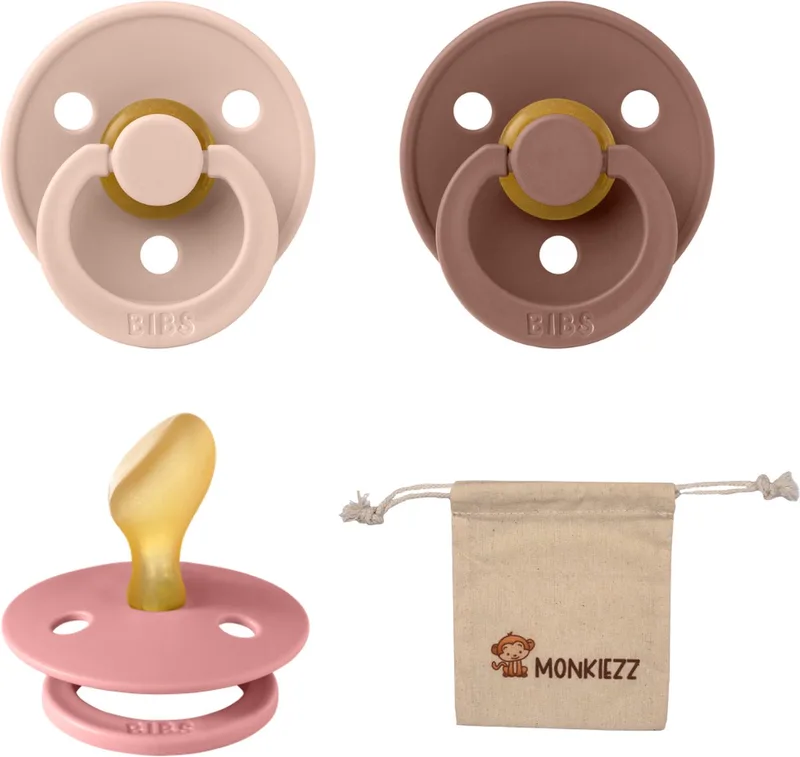 Dental fopspenen Anatomical 6-18 maanden- Set 3 stuks- Blush, Woodchuck, Dusty Pink + Monkiezz speenzakje - orthodontisch- Anatomisch- Maat 2 de BIBS en Blush, Woodchuck, Dusty Pink – photo produit