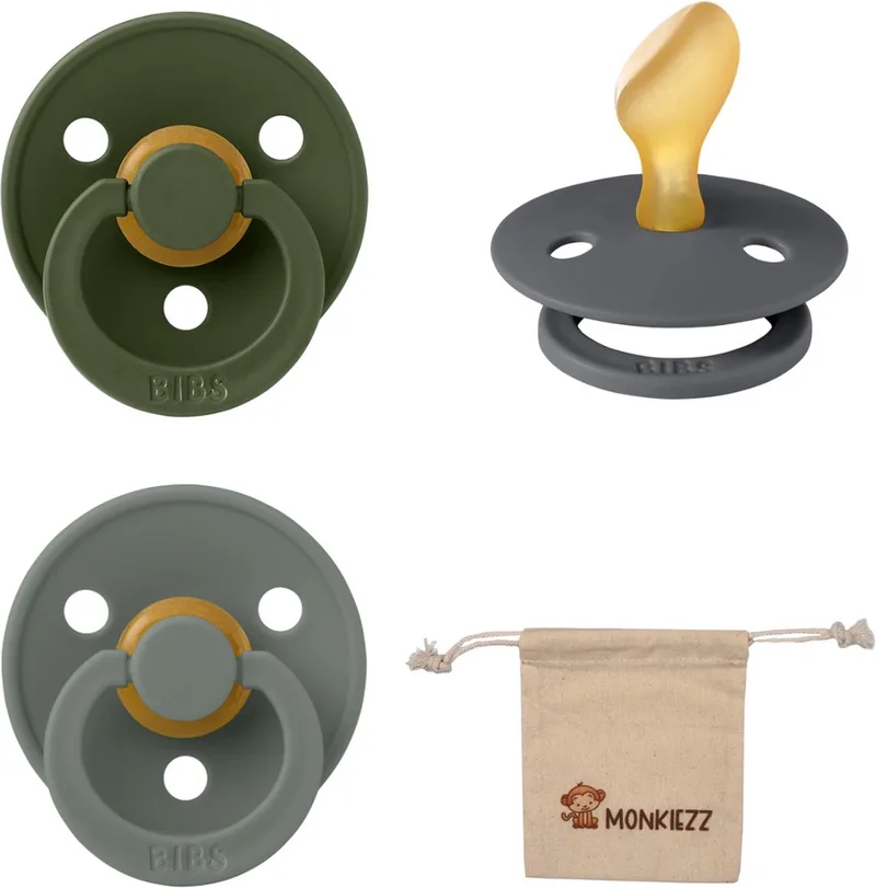 Dental fopspenen Anatomical 6-18 maanden- Set 3 stuks- Hunter Green, Iron, Pine- + Monkiezz speenzakje - orthodontisch- Anatomisch- Maat 2 de BIBS en Hunter Green, Iron, Pine – photo produit