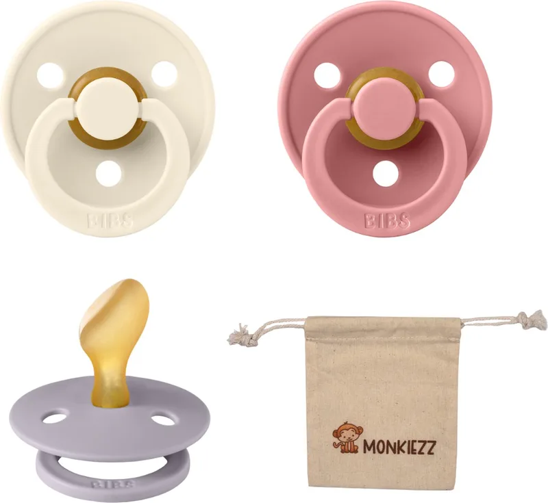 Dental fopspenen Anatomical 6-18 maanden- Set 3 stuks- Ivory, Dusty Pink, Fossil Grey + Monkiezz speenzakje - orthodontisch- Anatomisch- Maat 2 de BIBS en Ivoire, Dusty Pink, Fossil Grey – photo produit