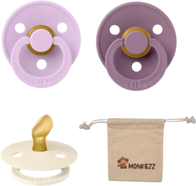 Dental fopspenen Anatomical 6-18 maanden- Set 3 stuks- Ivory , Mauve, Violet Sky + Monkiezz speenzakje - orthodontisch- Anatomisch- Maat 2 de BIBS en Ivoire, Violet Sky, Mauve – photo produit