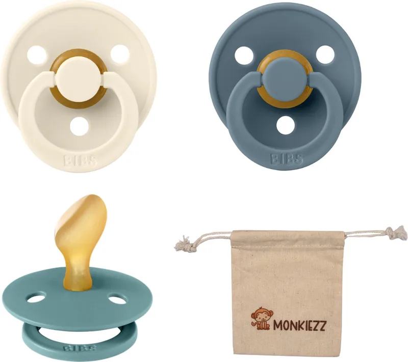 Dental fopspenen Anatomical 6-18 maanden- Set 3 stuks- Ivory , Petrol, Island Sea + Monkiezz speenzakje - orthodontisch- Anatomisch- Maat 2 de BIBS en Ivoire, Petrol, Island Sea – photo produit