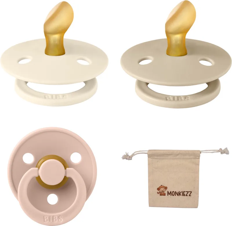 Dental fopspenen Anatomical 6-18 maanden- Set 3 stuks- Ivory, Vanilla, Blush - + Monkiezz speenzakje - orthodontisch- Anatomisch- Maat 2 de BIBS en Ivoire, Vanilla, Blush – photo produit