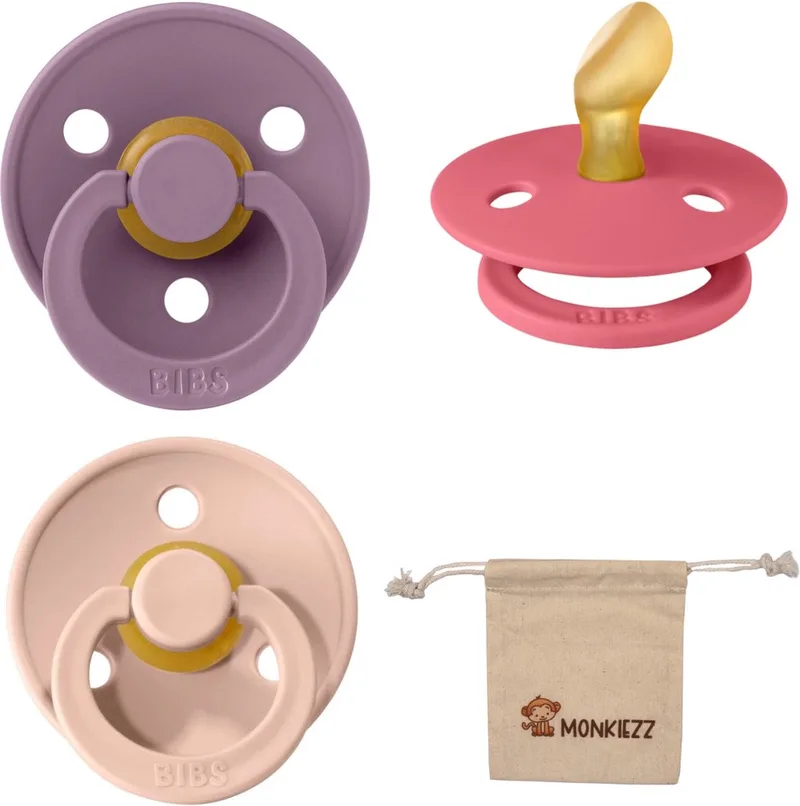 Dental fopspenen Anatomical 6-18 maanden- Set 3 stuks- Mauve, Coral, Blush- + Monkiezz speenzakje - orthodontisch- Anatomisch- Maat 2 van BIBS in Mauve, Coral, Blush – productfoto