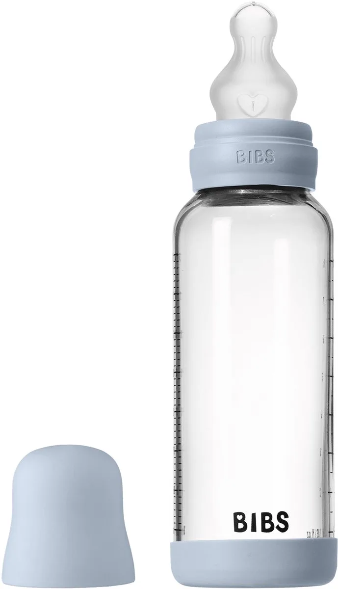 Fles - Medium Flow - 240 ml - Silicone/Glas - Baby Blue fra BIBS i Blauw – produktbillede