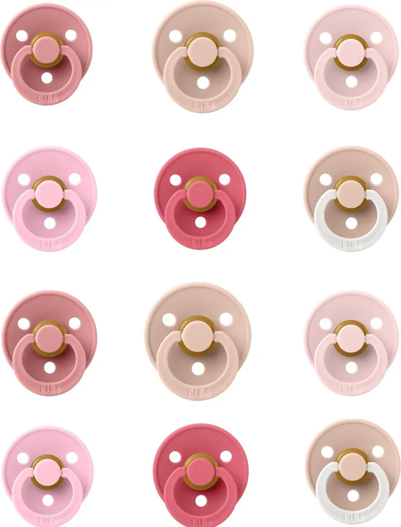 fopspeen 0-18 maand set 12 stuks, maat 1 & 2 van BIBS in Dusty Pink, Baby Pink, Blossom, Blush, Coral en Blush Glow – productfoto