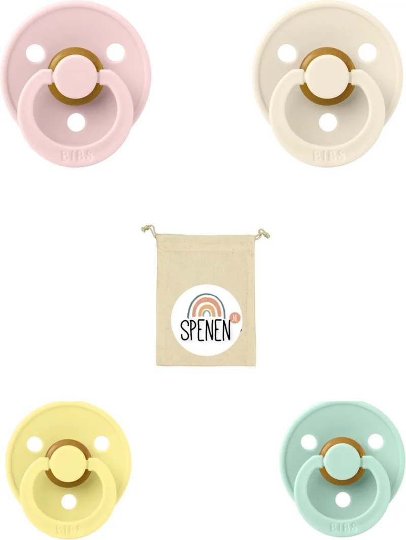 fopspeen 0-6 maand set 4 stuks maat 1 de BIBS en Blossom, Sunshine, Ivory en Nordic Mint – photo produit