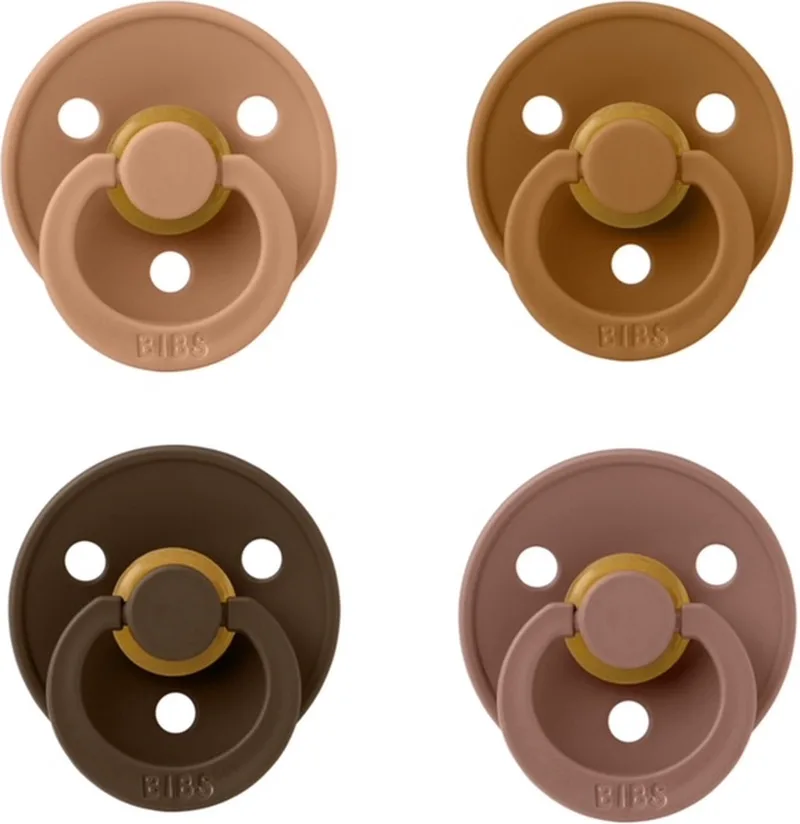 fopspeen 0-6 maand set 4 stuks maat 1 van BIBS in Pumpkin, Caramel, Woodchuck en Mocha – productfoto