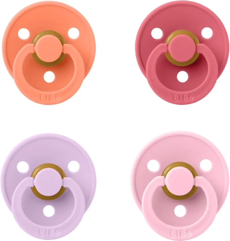 fopspeen 0-6 maand Set 4 stuks Pumpkin, Coral, Heather en Baby Pink Maat 1 van BIBS in Papaya, Coral, Violet Sky en Baby Pink – productfoto