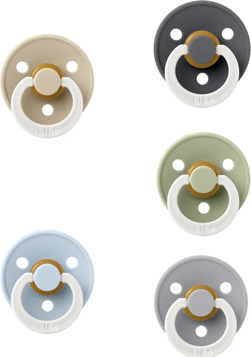 fopspeen 0-6 maand Set 5 stuks Maat 1 by BIBS in Iron Glow, Vanilla Glow, Sage Glow, Cloud Glow en Baby Blue Glow – product photo