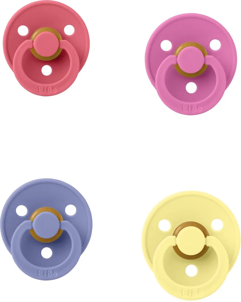 fopspeen 0-6 maanden Set 4 stuks Maat 1 van BIBS in Bubblegum, Peri, Coral en Luna – productfoto