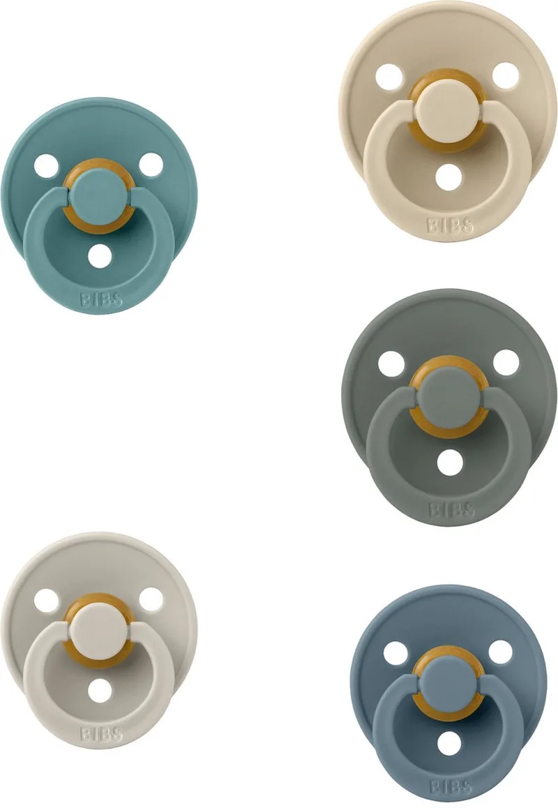 fopspeen 6-18 maand set 5 stuks Vanilla, Sand, Pine, Petrol en Island Sea maat 2 Latex van BIBS in Vanilla, Sand, Pine, Petrol en Island Sea – productfoto