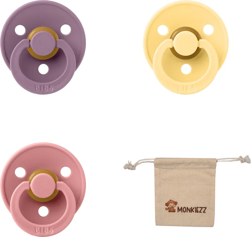 fopspeen 6-18 maanden | Set 3 stuks | Pale butter, Dusty Pink en Peri + Monkiezz speenzakje | Maat 2 | T2 de BIBS en Pale Butter – photo produit