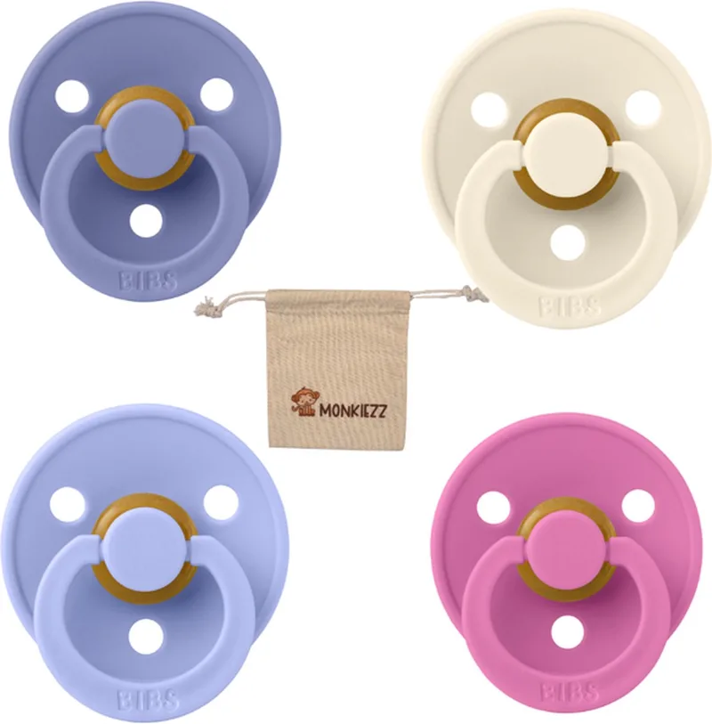 fopspeen - maat 1 0-6 maanden - 4 stuks – Ivory - Bubblegum – Peri – Hush + Monkiezz speenzakje de BIBS en Bubblegum, Peri, Hush, Ivoire – photo produit