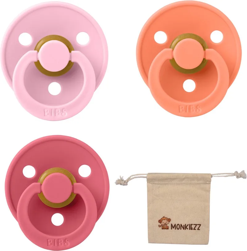 fopspeen - maat 1 0-6 maanden - set 3 stuks – Baby Pink - Papaya - Coral + Monkiezz speenzakje de BIBS en Baby Pink, Papaya, Coral – photo produit