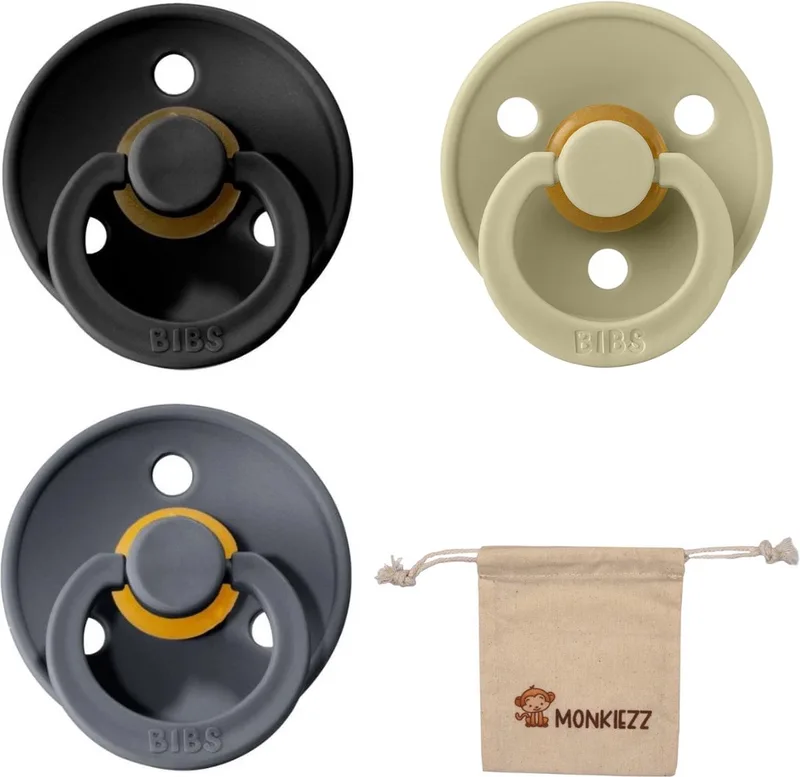 fopspeen - maat 1 0-6 maanden - set 3 stuks – Black - Khaki - Iron + Monkiezz speenzakje de BIBS en Noir, Khaki, Iron – photo produit