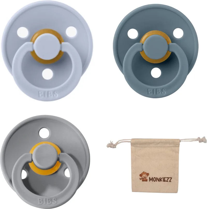 fopspeen - maat 2 6-18 maanden - 3 stuks – Dusty Blue - Petrol - Cloud + Monkiezz speenzakje de BIBS en Dusty Blue, Petrol, Cloud – photo produit