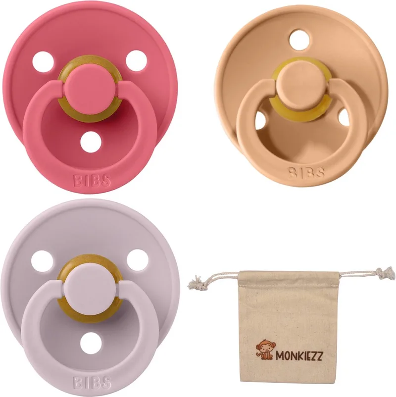 fopspeen - maat 2 6-18 maanden - set 3 stuks – Coral - Peach - Dusky Lilac + Monkiezz speenzakje de BIBS en Coral, Peach, Dusky Lilac – photo produit