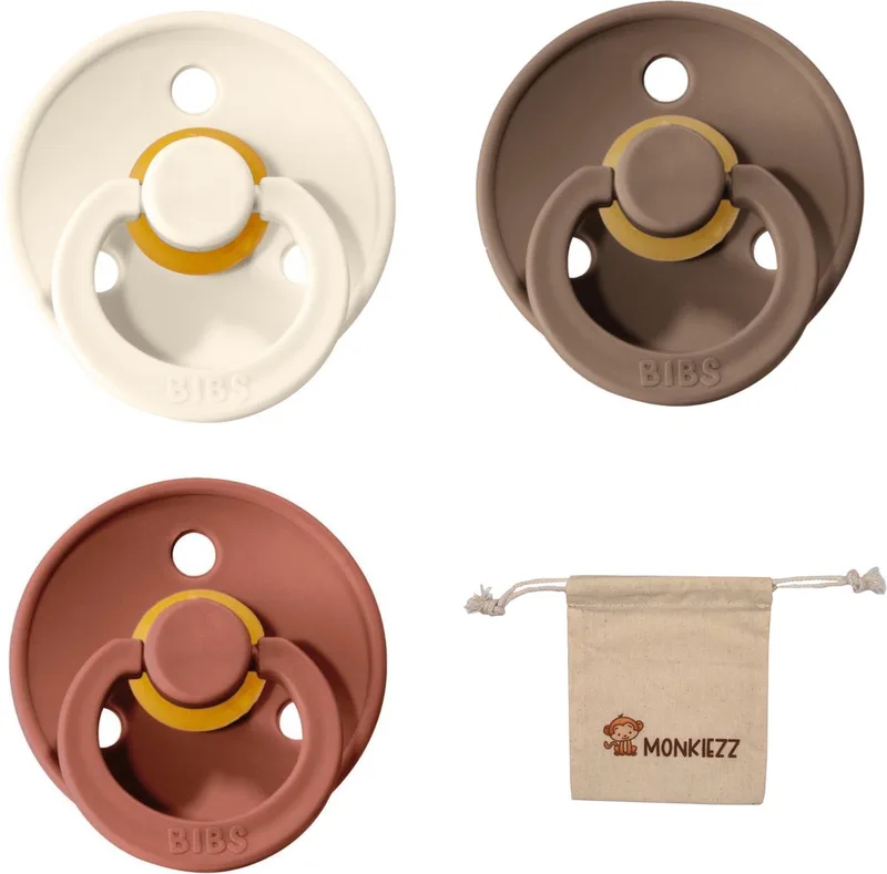 fopspeen | Met Monkiezz Speenzakje - maat 1 0-6 maanden - 3 stuks - woodchuck - ivory white de BIBS en Dark Oak – photo produit