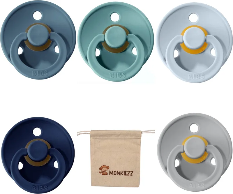 fopspeen | Met Monkiezz Speenzakje - maat 1 0-6 maanden - 5 stuks - -Deep Space - Island Sea - Cloud - Petrol de BIBS en Baby blue – photo produit