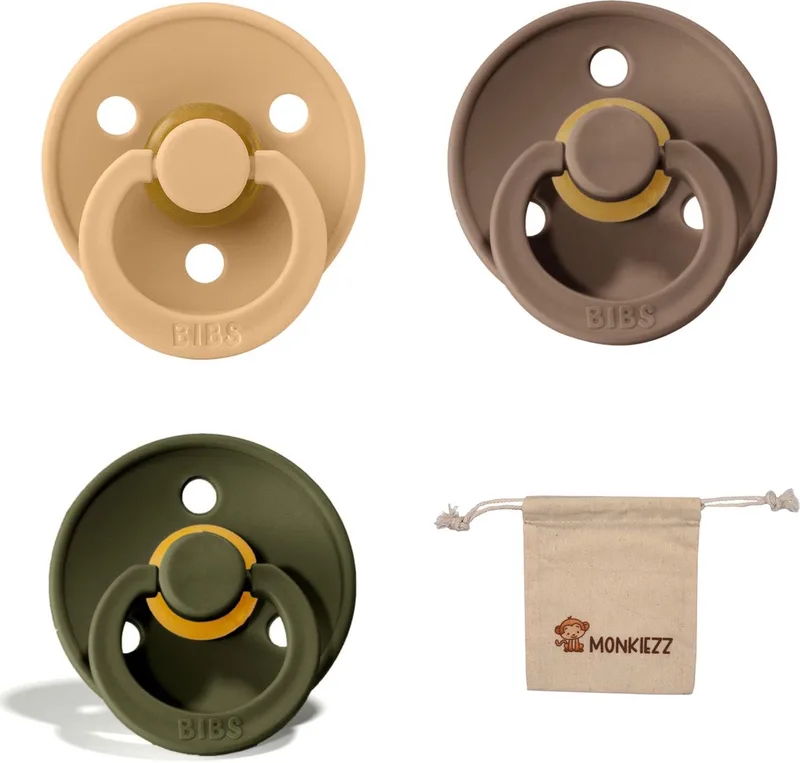 fopspeen | Met Monkiezz Speenzakje - maat 2 6-18 maanden - 3 stuks - Dark Oak - Hunter Green de BIBS en Desert Sand – photo produit