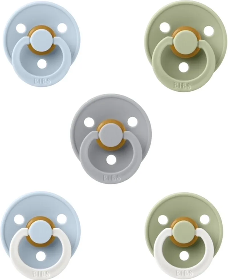 fopspenen 0-6 maand set 5 stuks maat 1 van BIBS in Sage, Baby Blue, Baby Blue Glow, Cloud en Sage Glow – productfoto