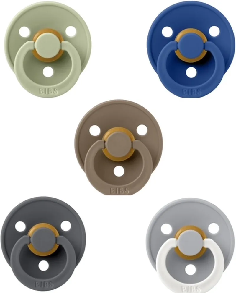 fopspenen 6-18 maand set 5 stuks maat 2 de BIBS en Pistachio, Cornflower, Dark Oak, Iron en Night Glow Cloud – photo produit
