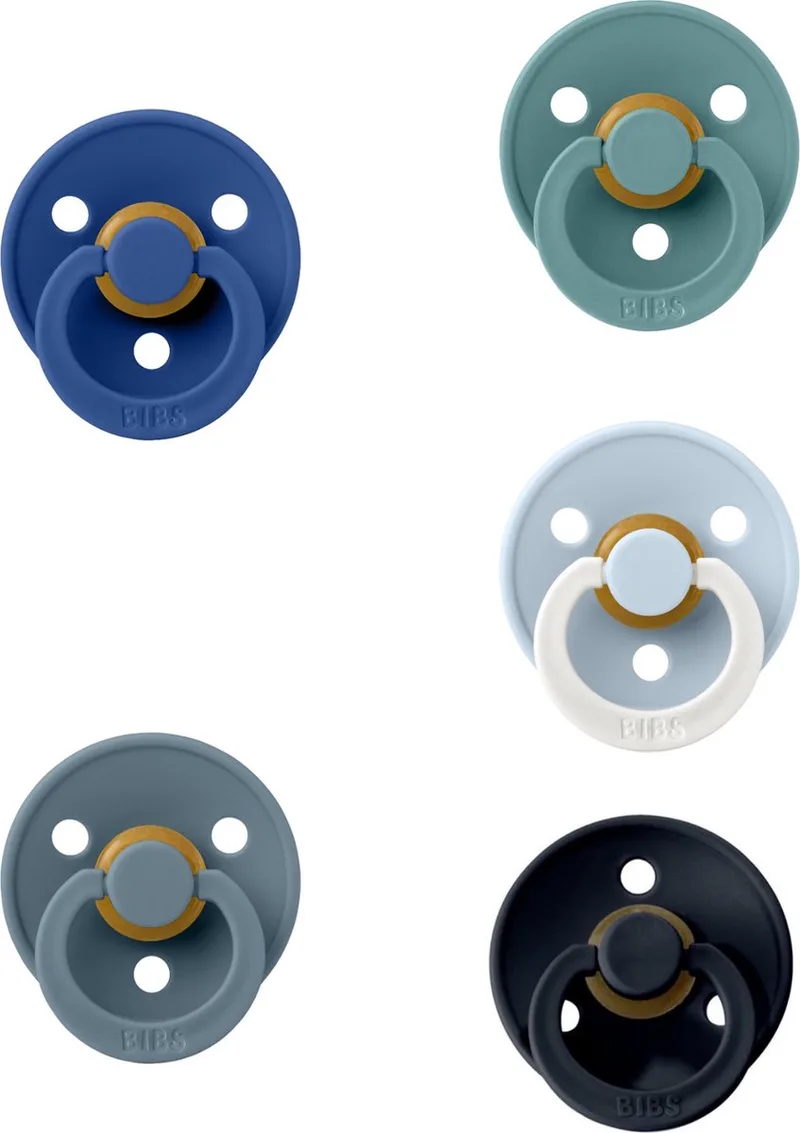 fopspenen 6-18 maand set 5 stuks Petrol,Island Sea,Steel Blue,Black en Baby Blue Night Glow maat 2 de BIBS en Petrol, Island Sea, Cornflower, Black en Baby Blue Night Glow – photo produit