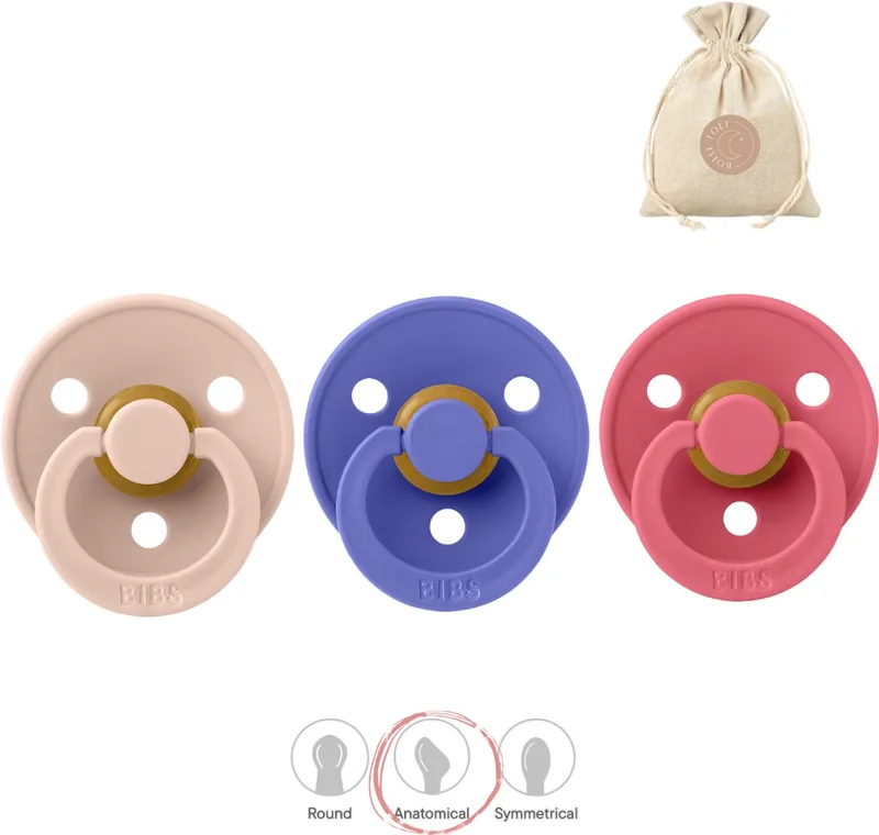 fopspenen anatomisch maat 2: blush, en coral + BolleToet speenzakje de BIBS en Grape – photo produit
