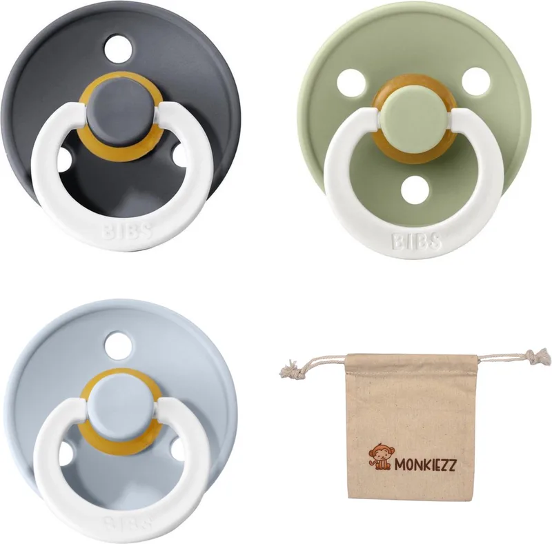 fopspenen maat 1 0-6 maanden| Set 3 stuks| Sage, iron + Monkiezz speenzakje de BIBS en Glow blue – photo produit