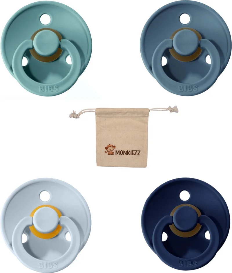 fopspenen maat 1 0-6 maanden| Set 4 stuks| Deep space, Petrol, Island sea + Monkiezz speenzakje de BIBS en Baby blue – photo produit