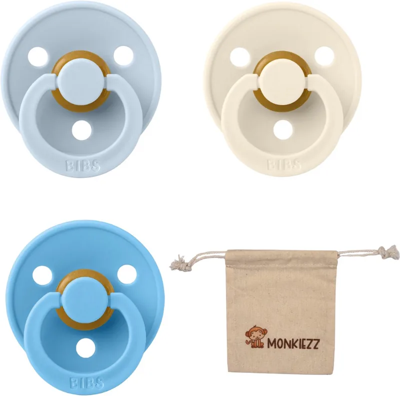 Fopspenen - Maat 2 6-18 maanden - Latex – Breeze, Ivory, Baby Blue + Monkiezz speenzakje de BIBS en Breeze, Ivoire, Baby Blue – photo produit