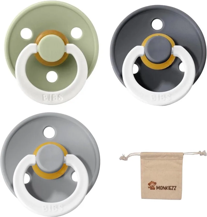 Fopspenen - Maat 2 6-18 maanden - Latex – Glow in the dark Cloud – Sage – Iron + Monkiezz speenzakje de BIBS en Glow in the dark Cloud, Sage, Iron – photo produit